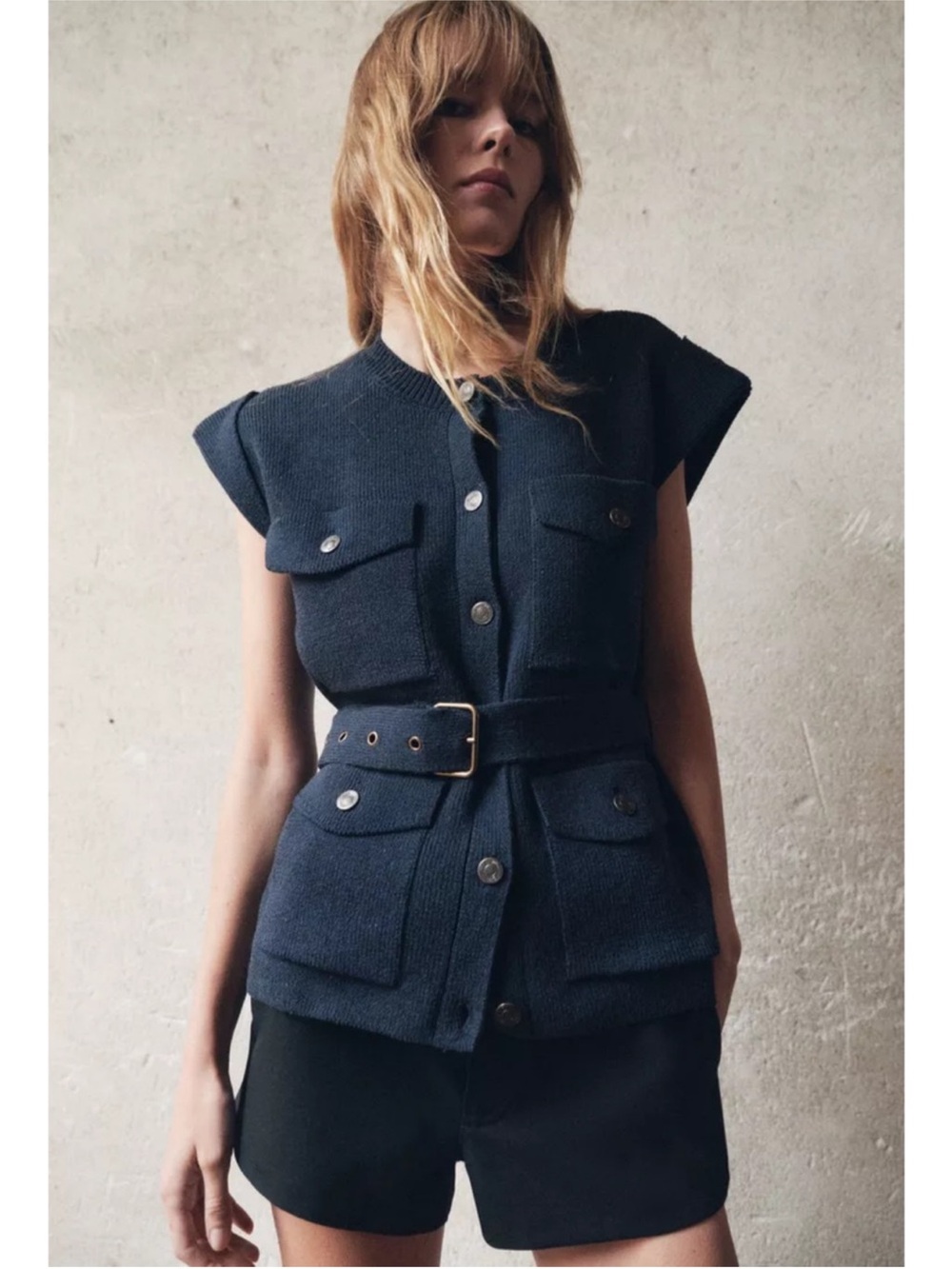 Zara Navy Blue Wool Belted Vest Cardigan